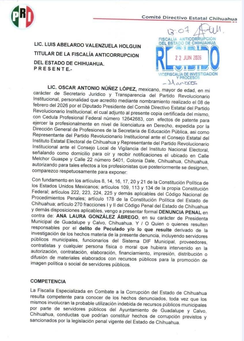 PRI denuncia a alcaldesa de Guadalupe y Calvo uso indebido de recursos públicos