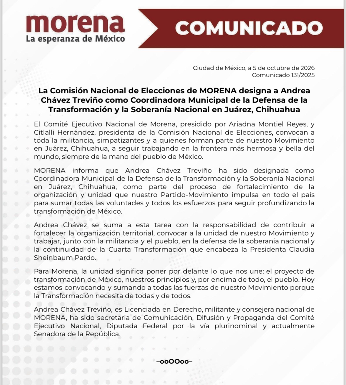 Ya es Andrea Chávez candidata a la alcaldía de Juárez